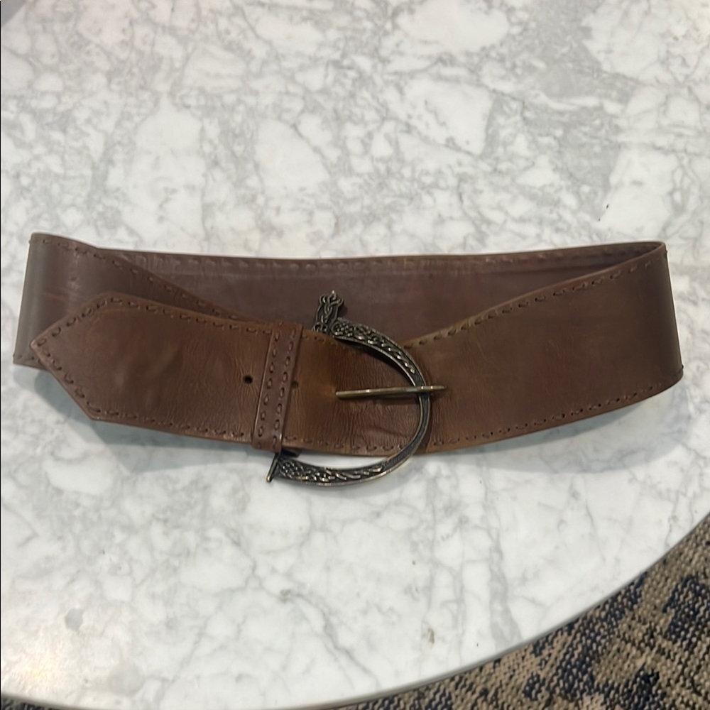 Alexander McQueen Brown Leather Silver Buckle Statement Belt